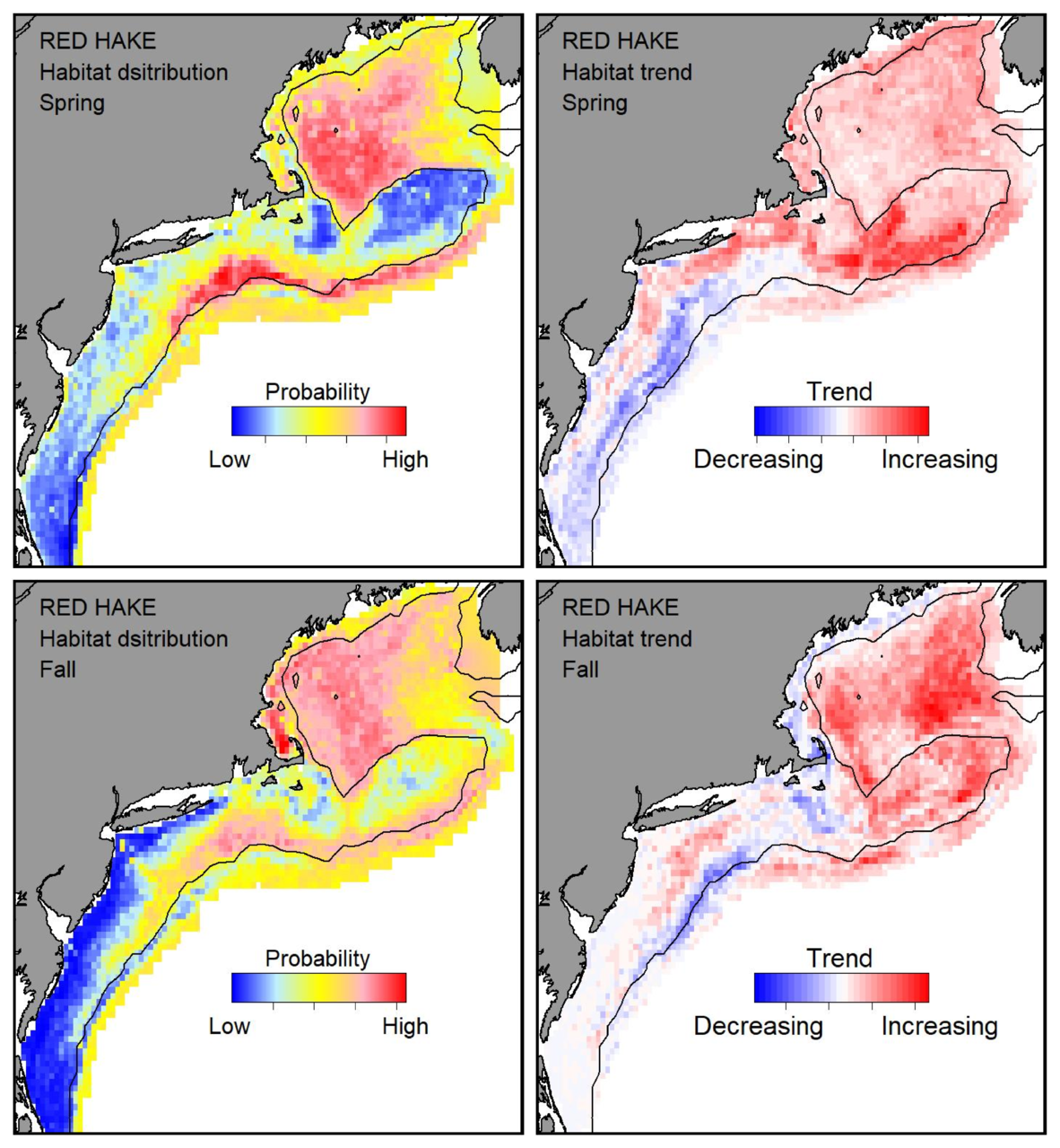 Top row: Probable habitat distribution for red hake showing the highest concentration and increasing trend in the Gulf of Maine during the spring. Bottom row: Probable habitat distribution for red hake showing the highest concentration and increasing trend in the Gulf of Maine during the fall.