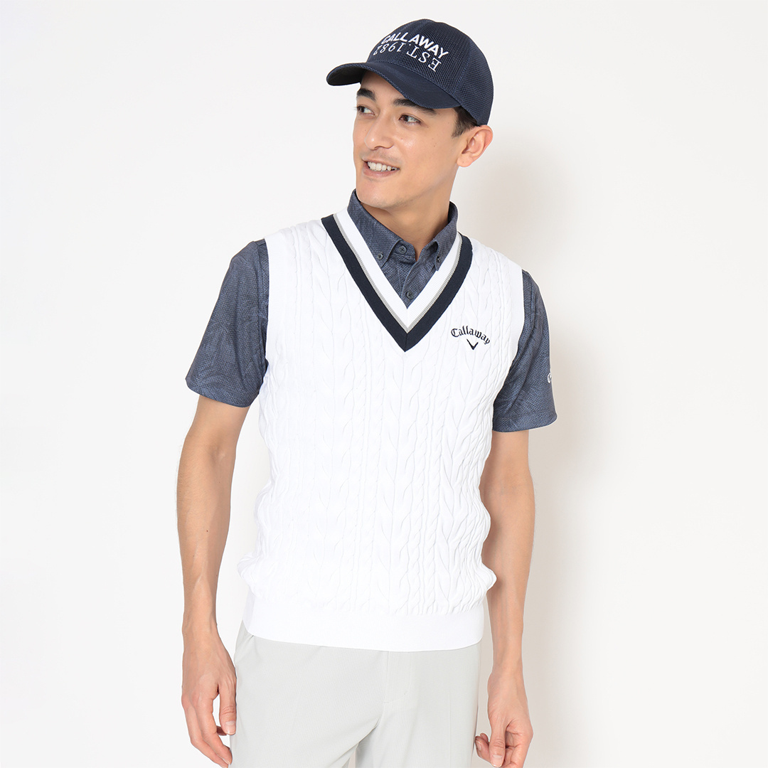 ミニケーブル編みVネックニットベスト (MENS)
