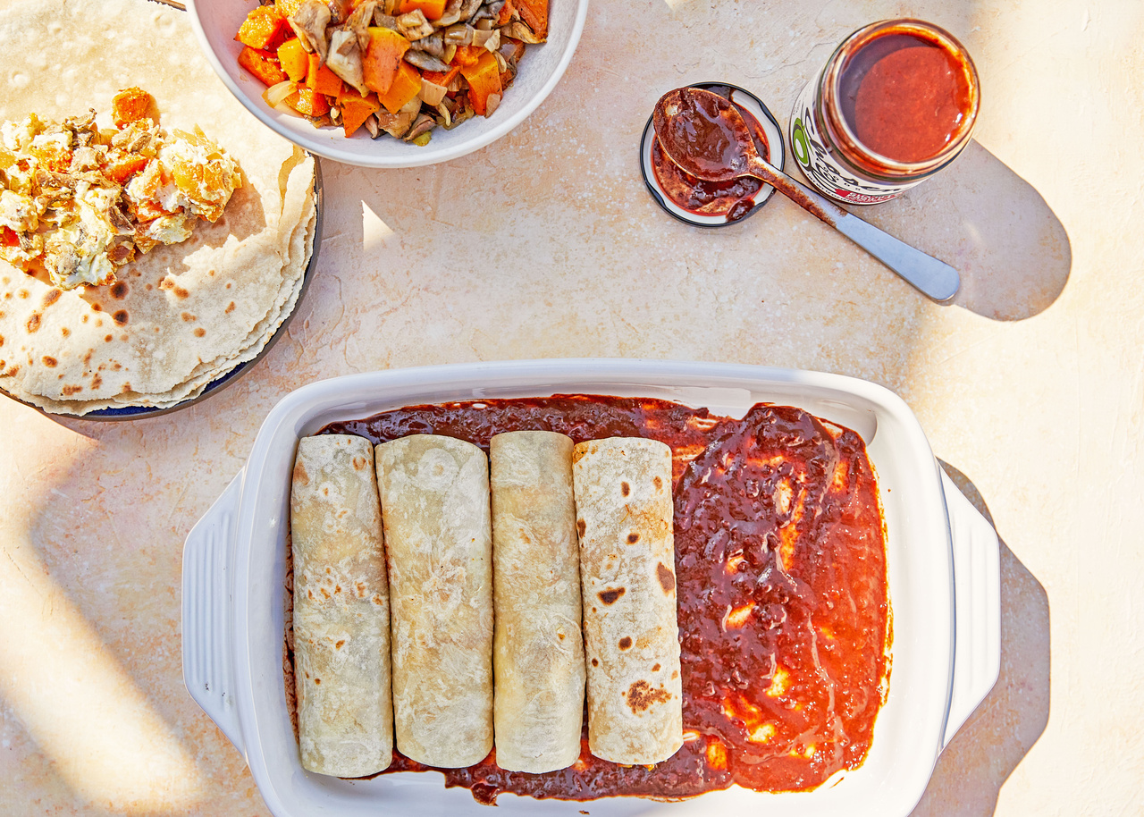 Butternut Squash Goat Cheese Enchiladas with Guajillo-Pasilla Simmer Sauce