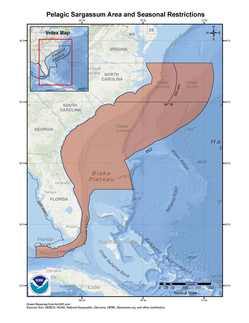 This is a map of pelagic sargassum habitat area and seasonal harvest restrictions in the Southeast Atlantic Region.