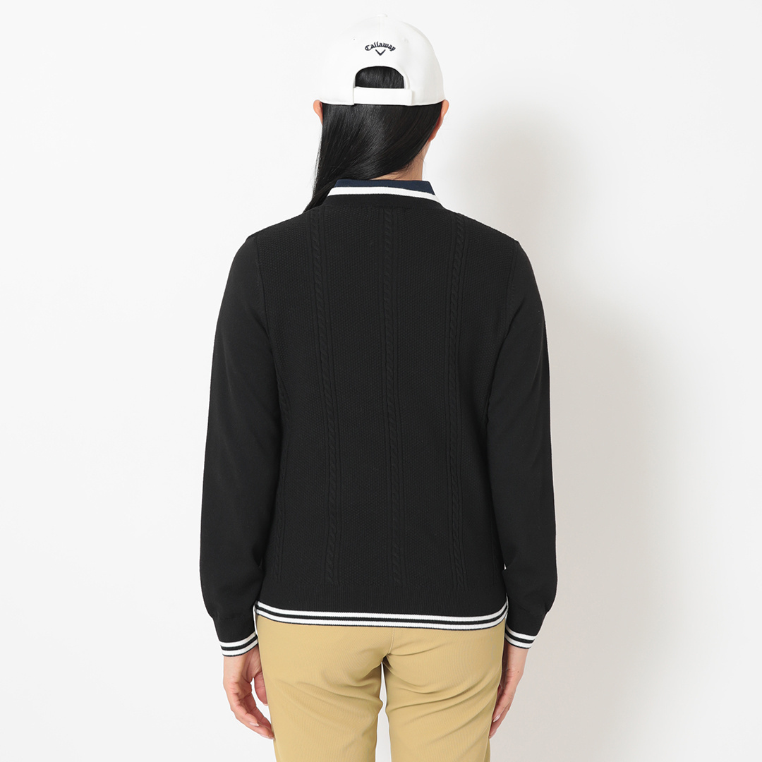 ケーブル編みポリエステルVネックニット (WOMENS)
