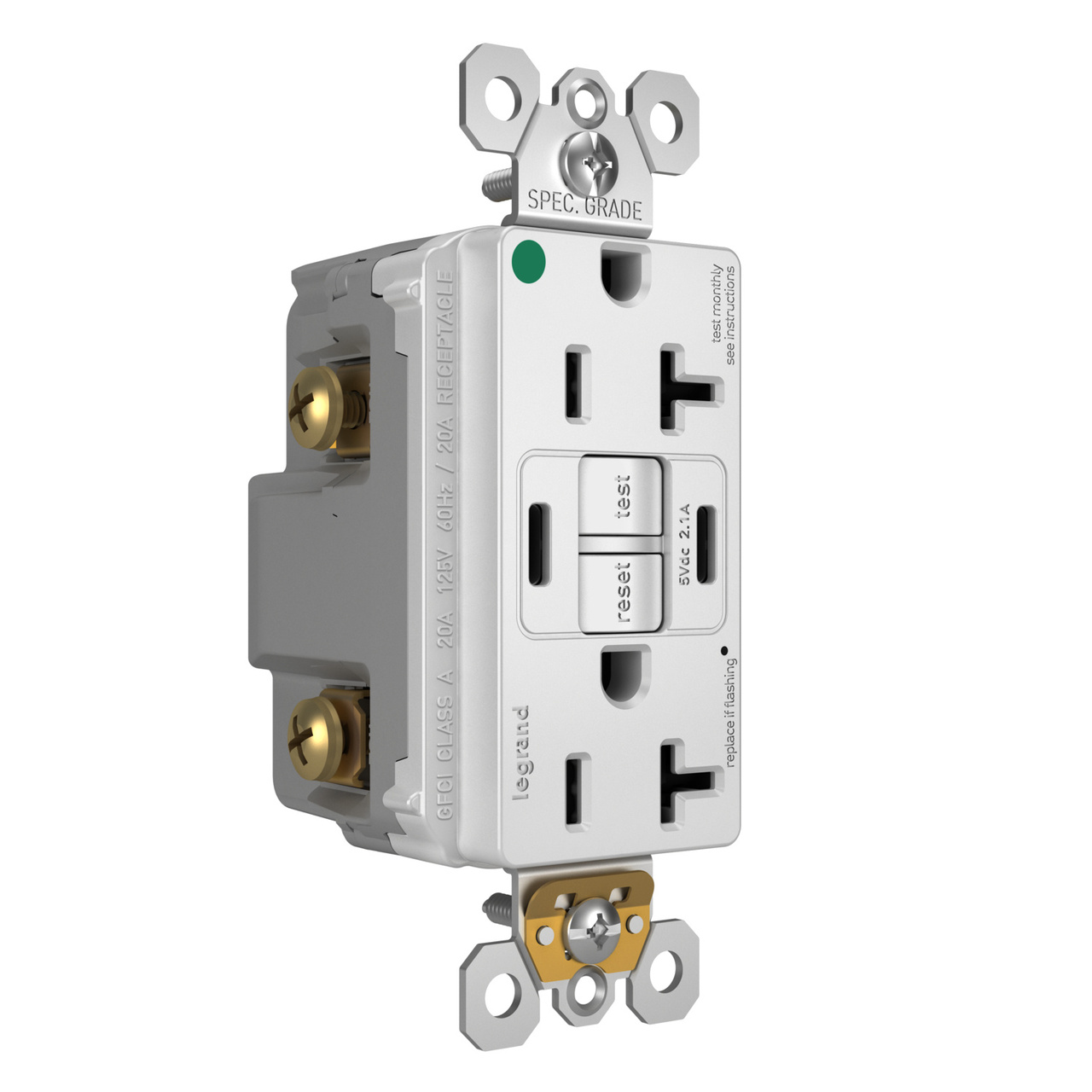 radiant® 20A Hospital-Grade Tamper-Resisant Self-Test GFCI USB Type-C/C Outlet