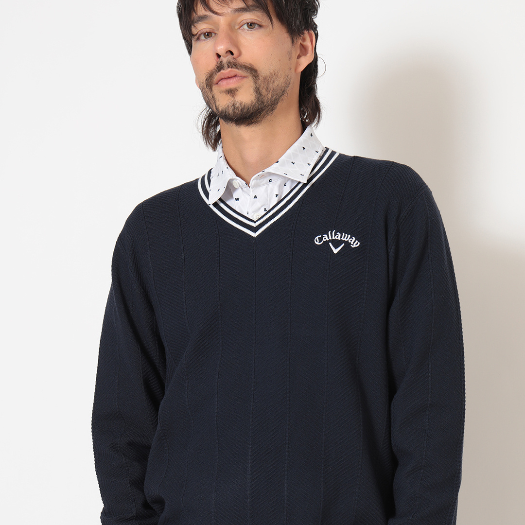 へリンボン編みポリエステルVネックニット (MENS)