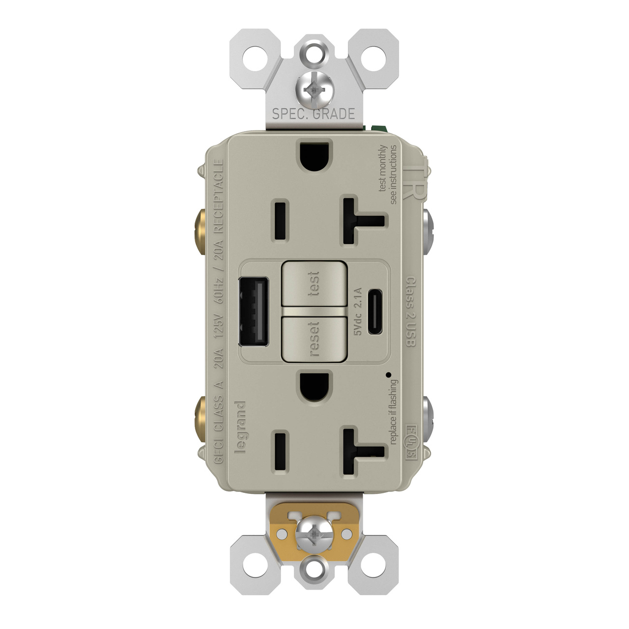 radiant Collection 20 amp GFCI USB Type A/C Outlet in Nickel