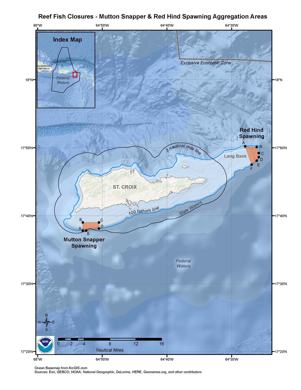 This is a map of the red hind spawning closure area in the waters east of St. Croix in the U.S. Caribbean.