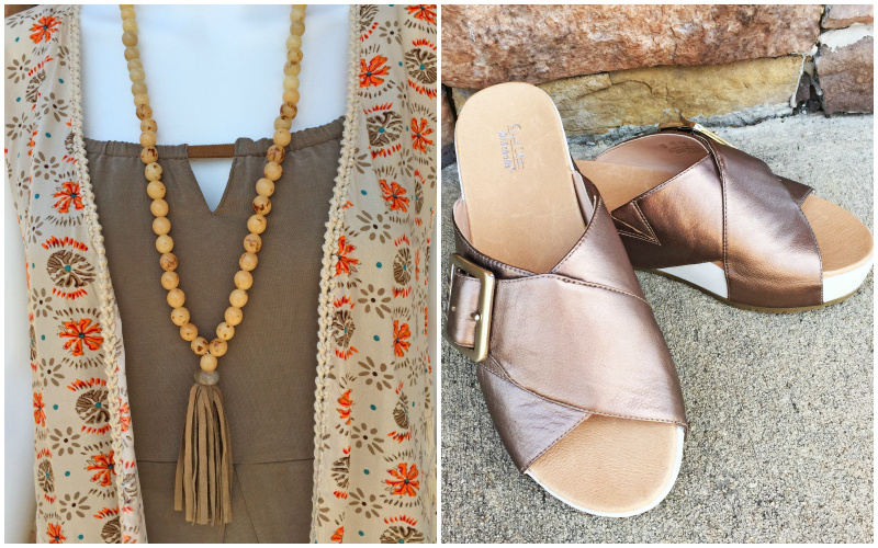 From Rogers Trading Company: beaded tassel necklace, $28.99; Dr. Scholl’s pewter platform leather sandal, $79.99 From Rogers Trading Company: beaded tassel necklace, $28.99; Dr. Scholl’s pewter platform leather sandal, $79.99