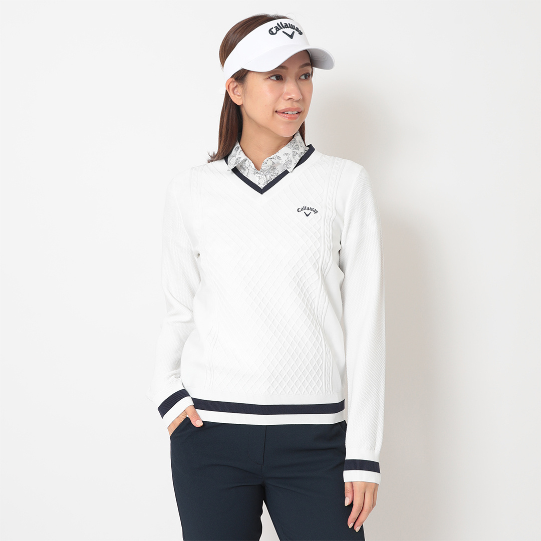 ケーブル編みポリエステルVネックニット (WOMENS)