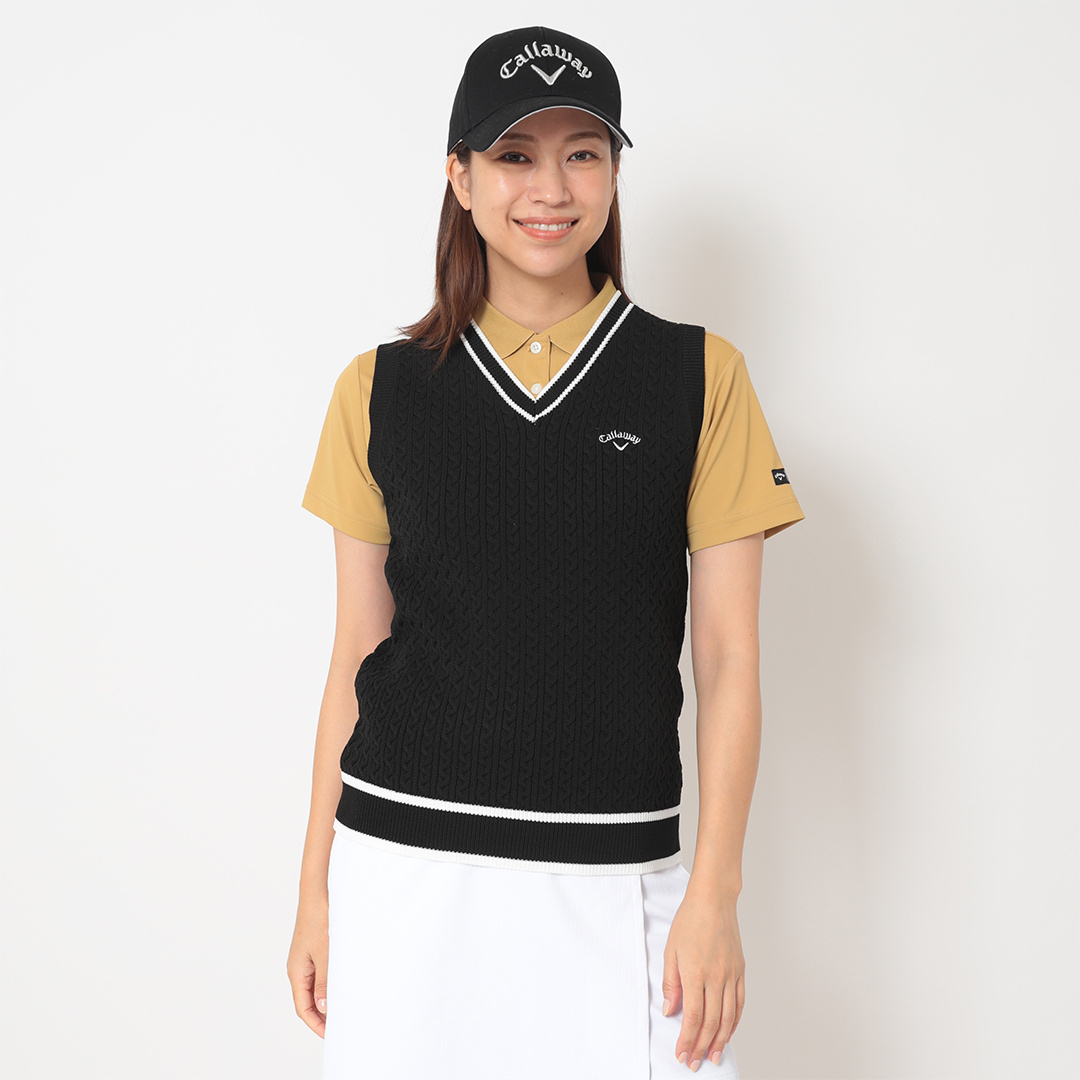 ケーブル編みポリエステルVネックベスト (WOMENS)