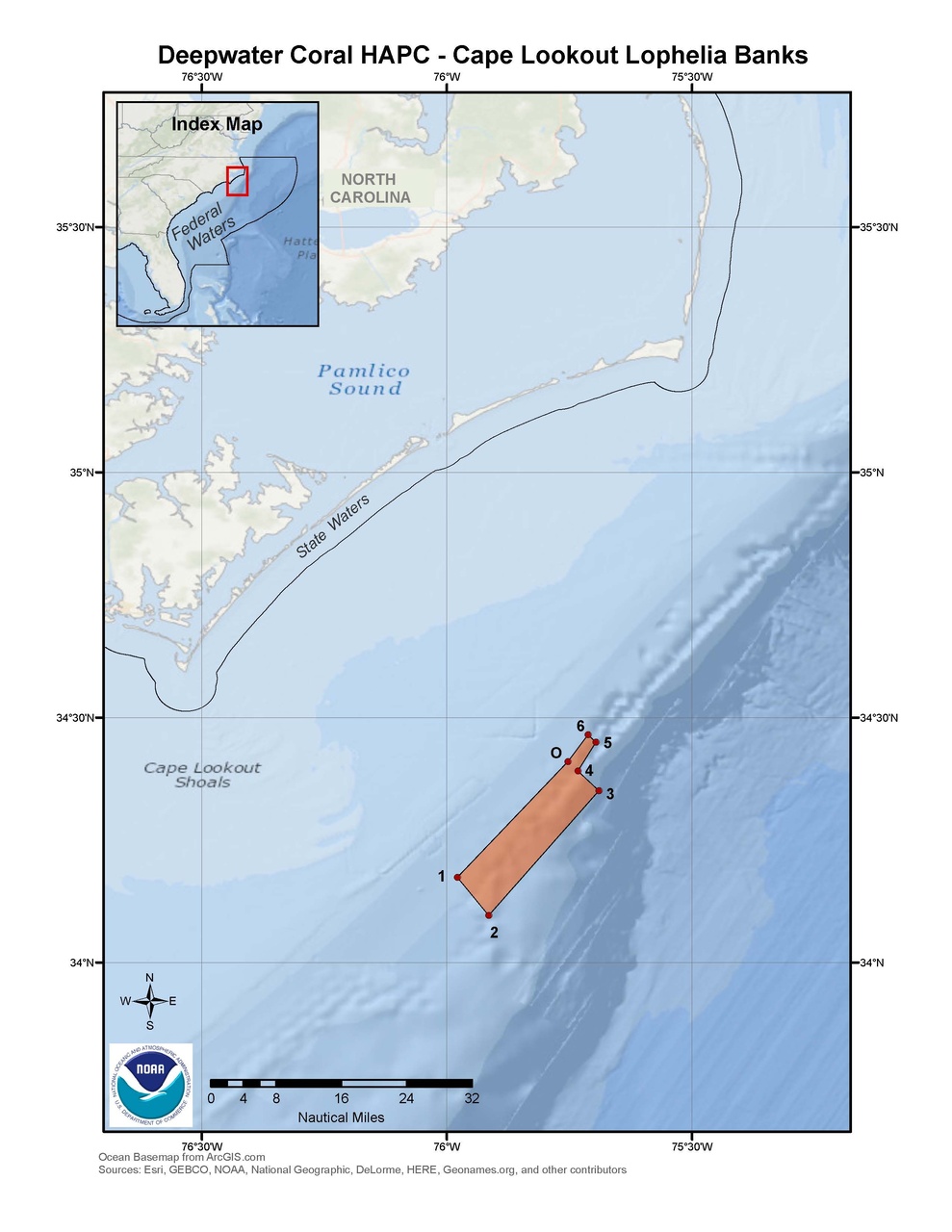 This is a map of the Cape Lookout Lophelia Banks Deepwater Coral HAPC in the South Atlantic Region.