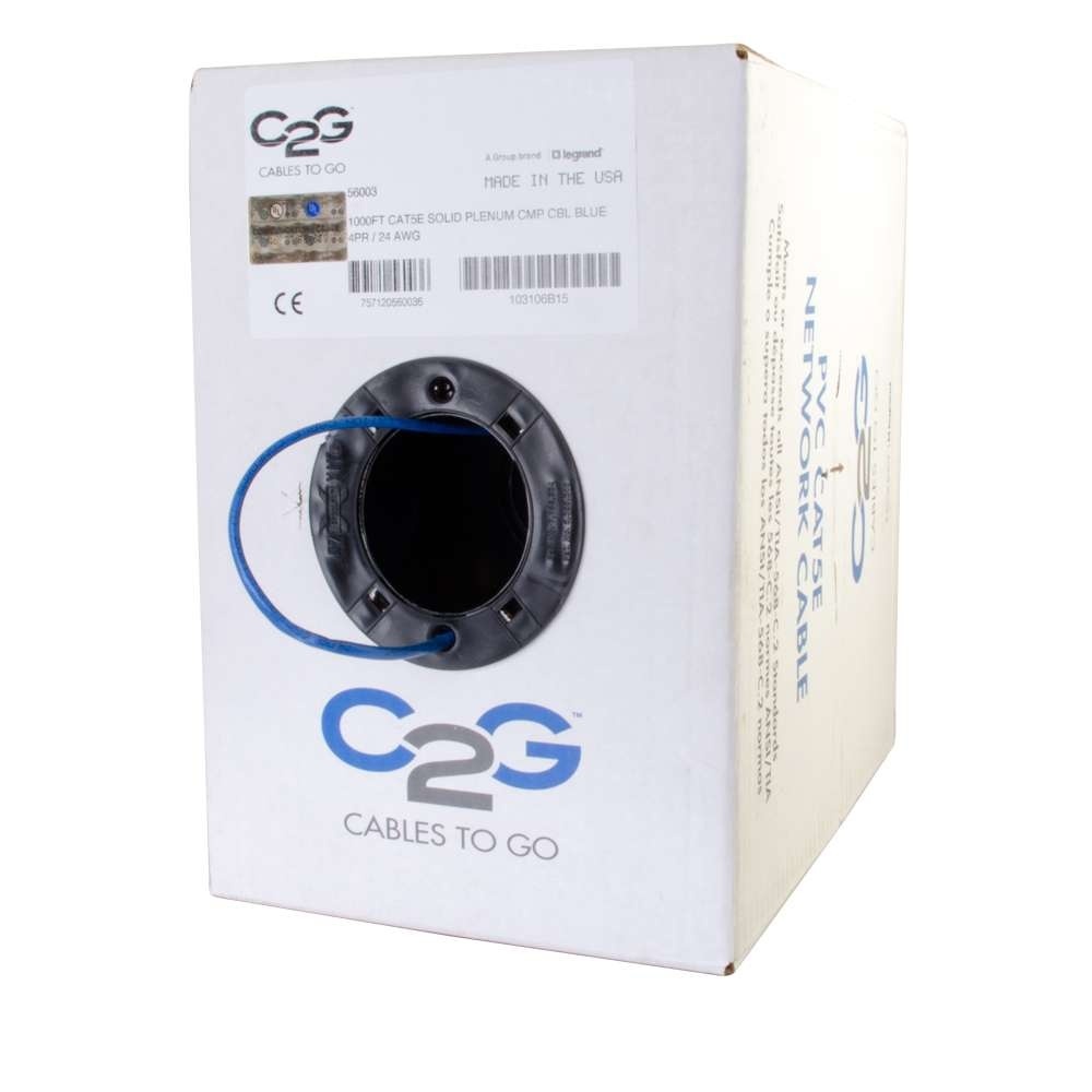 Cat5e Bulk Unshielded (UTP) Network Cable with Solid Conductors - Plenum CMP-Rated- Blue