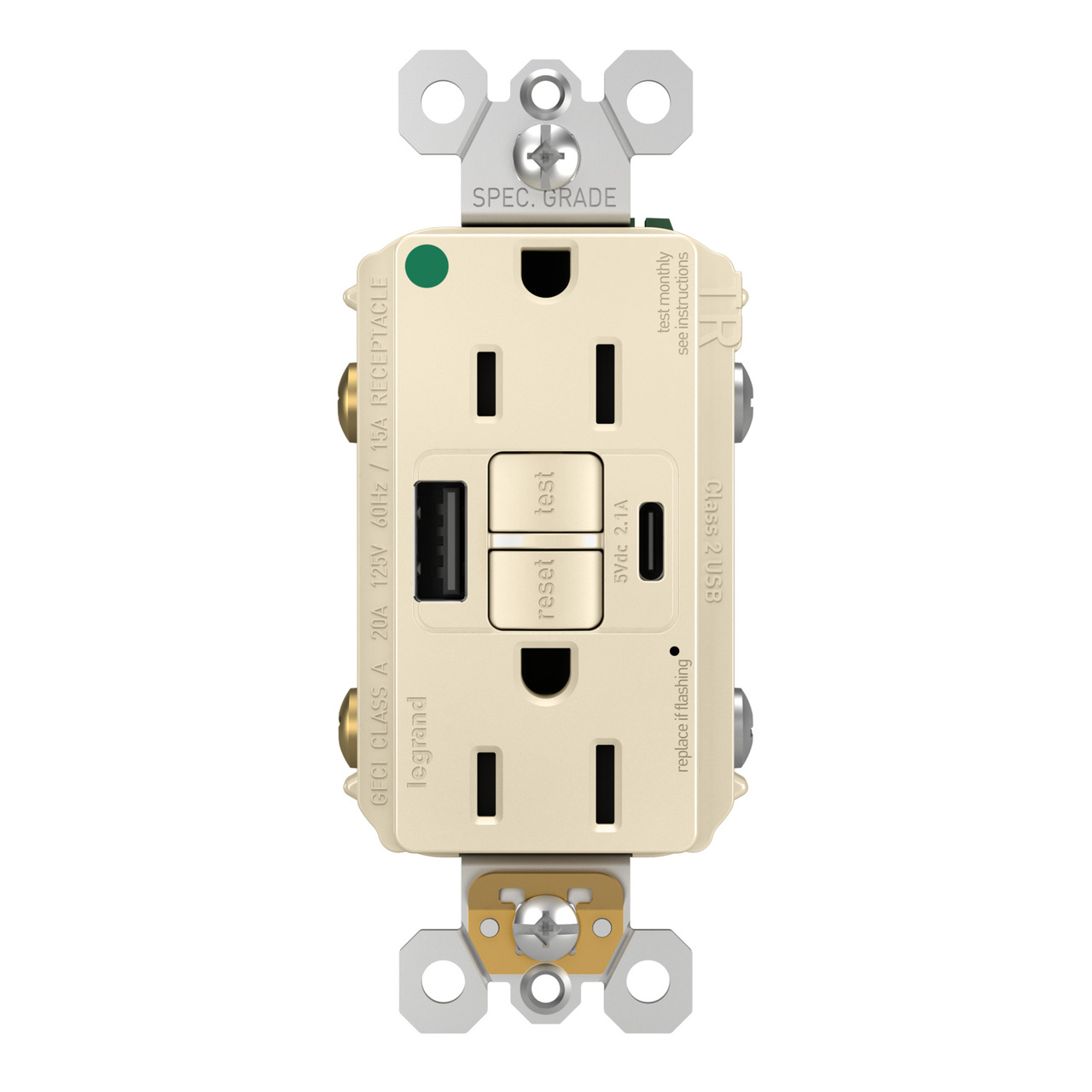 radiant® 15A Hospital-Grade Tamper-Resisant Self-Test GFCI USB Type-A/C Outlet