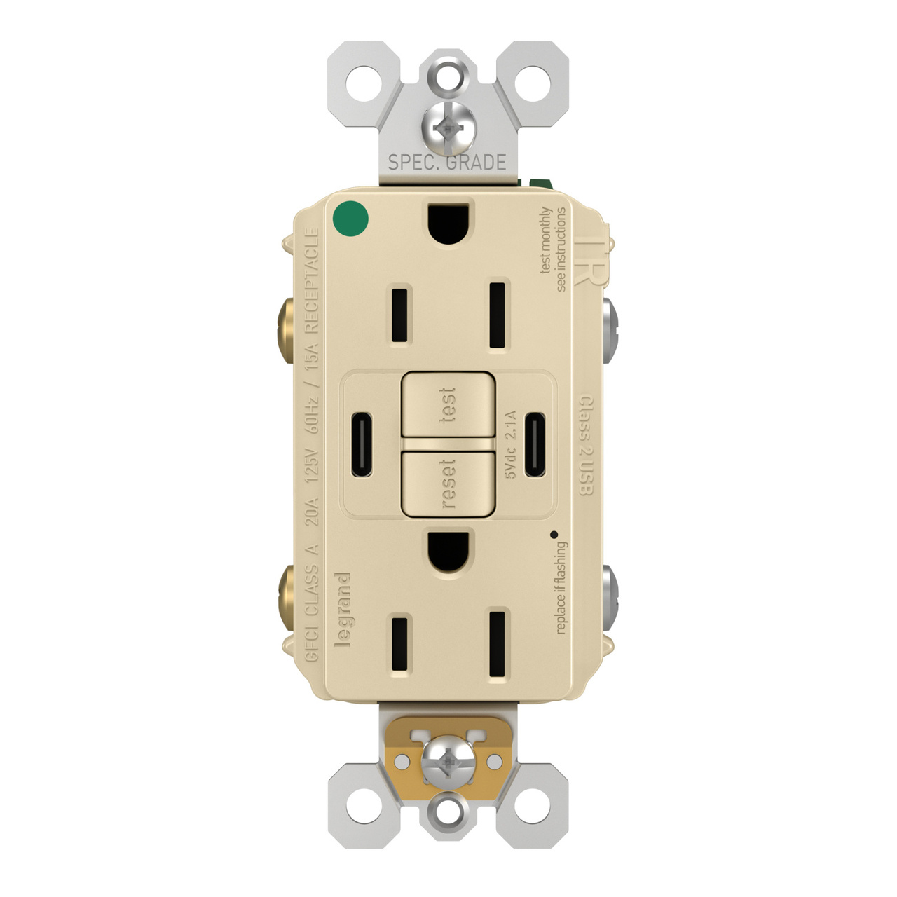 radiant® 15A Hospital-Grade Tamper-Resisant Self-Test GFCI USB Type-C/C Outlet