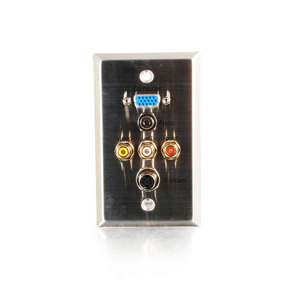 VGA, 3.5mm Audio, S-Video, Composite Video and RCA Stereo Audio Pass Through Single Gang Wall Plate - Stainless Steel (TAA)