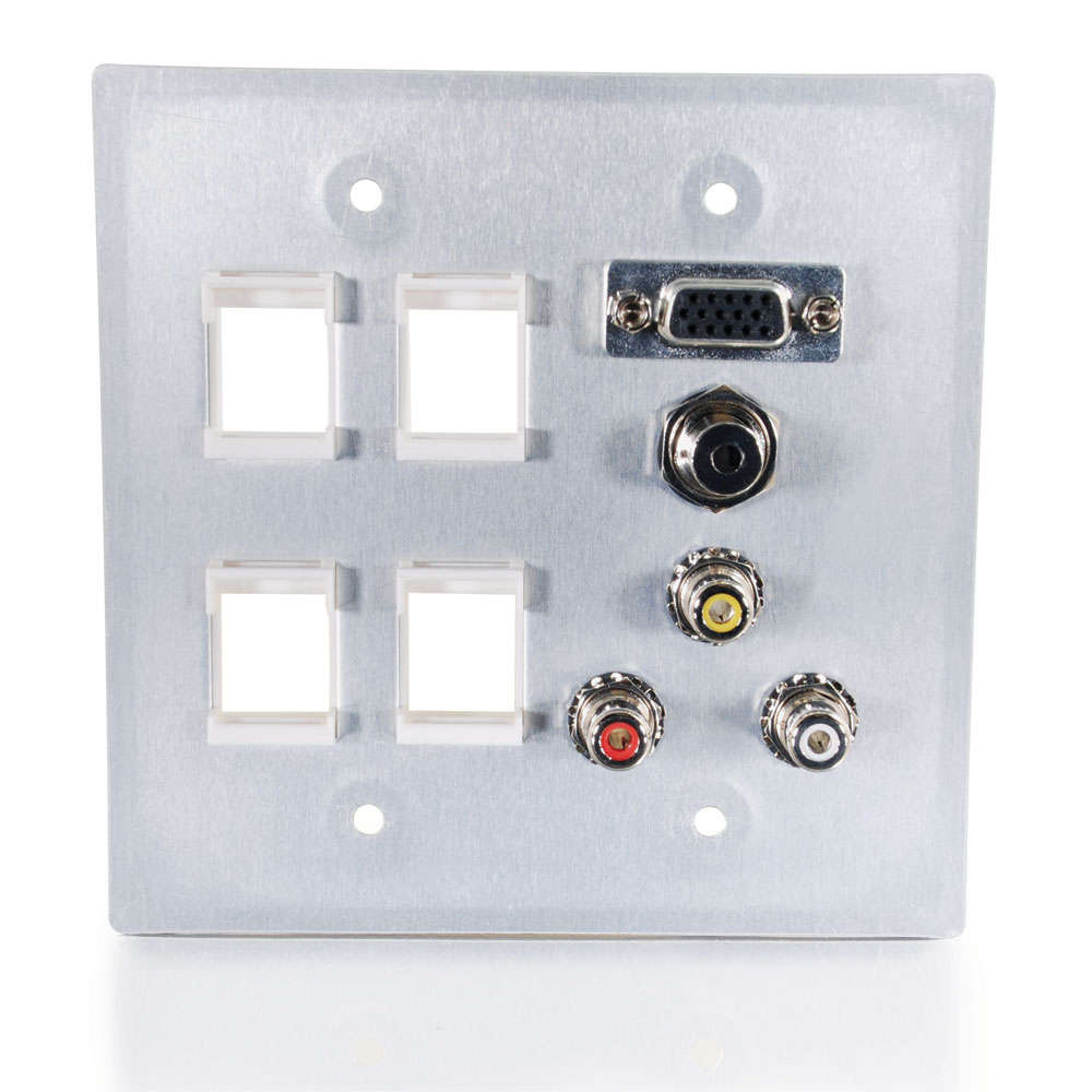 VGA, 3.5mm Audio, Composite Video and RCA Stereo Audio Pass Through Double Gang Wall Plate with Four Keystones - Brushed Aluminum