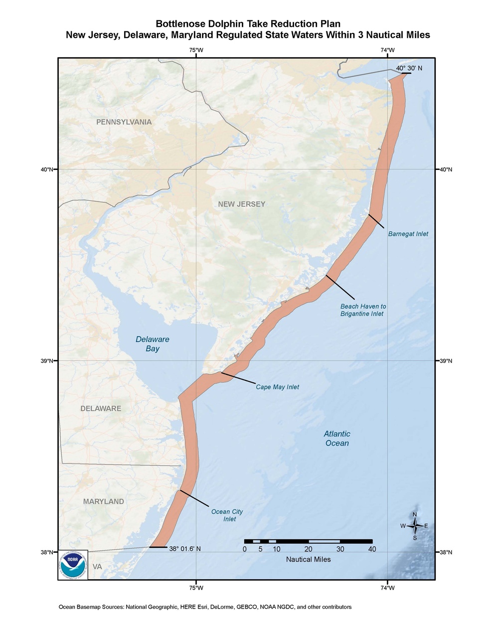 This is a map of the Bottlenose Dolphin Take Reduction Plan for New Jersey, Delaware and Maryland.