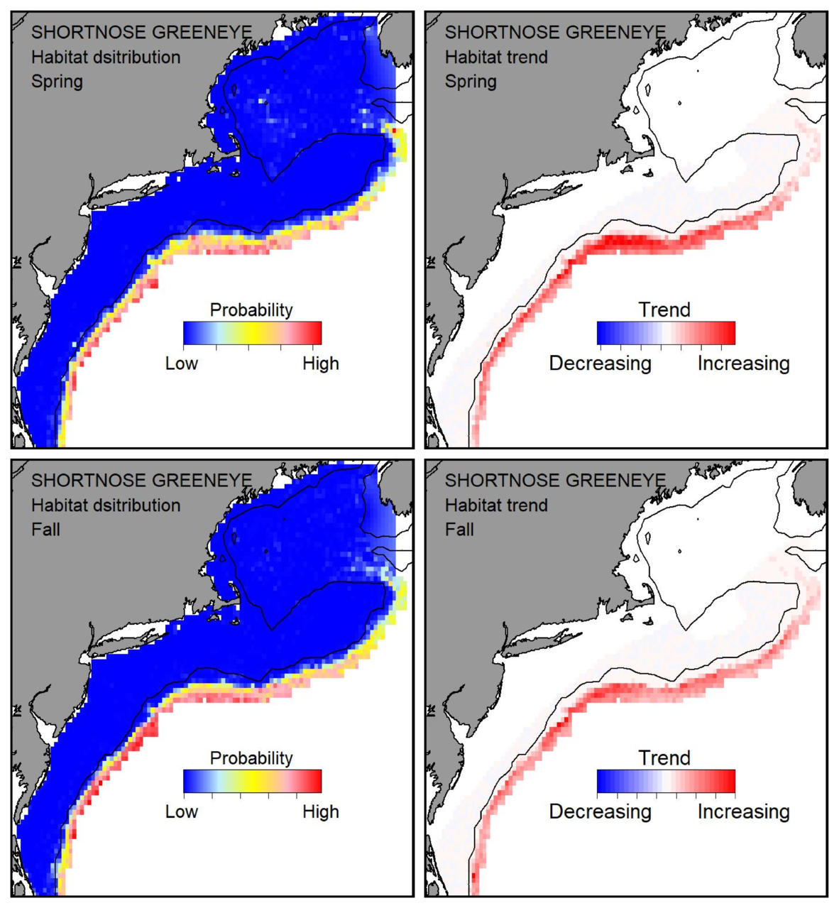 Probable habitat distribution for shortnose greeneye showing the highest concentration and increasing trend in the Gulf of Maine during the spring. Bottom row: Probable habitat distribution for shortnose greeneye showing the highest concentration and increasing trend in the Gulf of Maine during the fall.