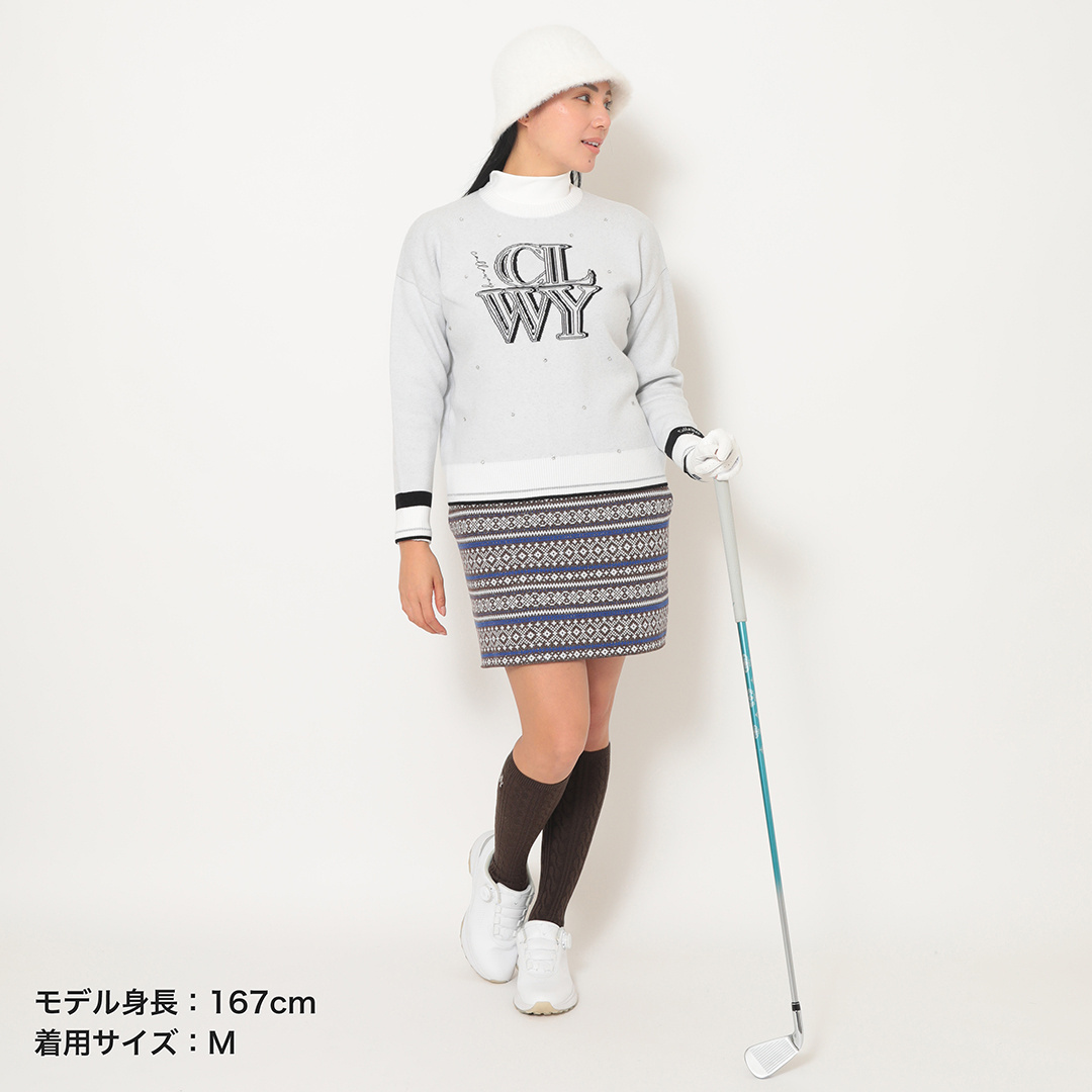 クルーネック長袖ラインストーン付きニット (WOMENS)