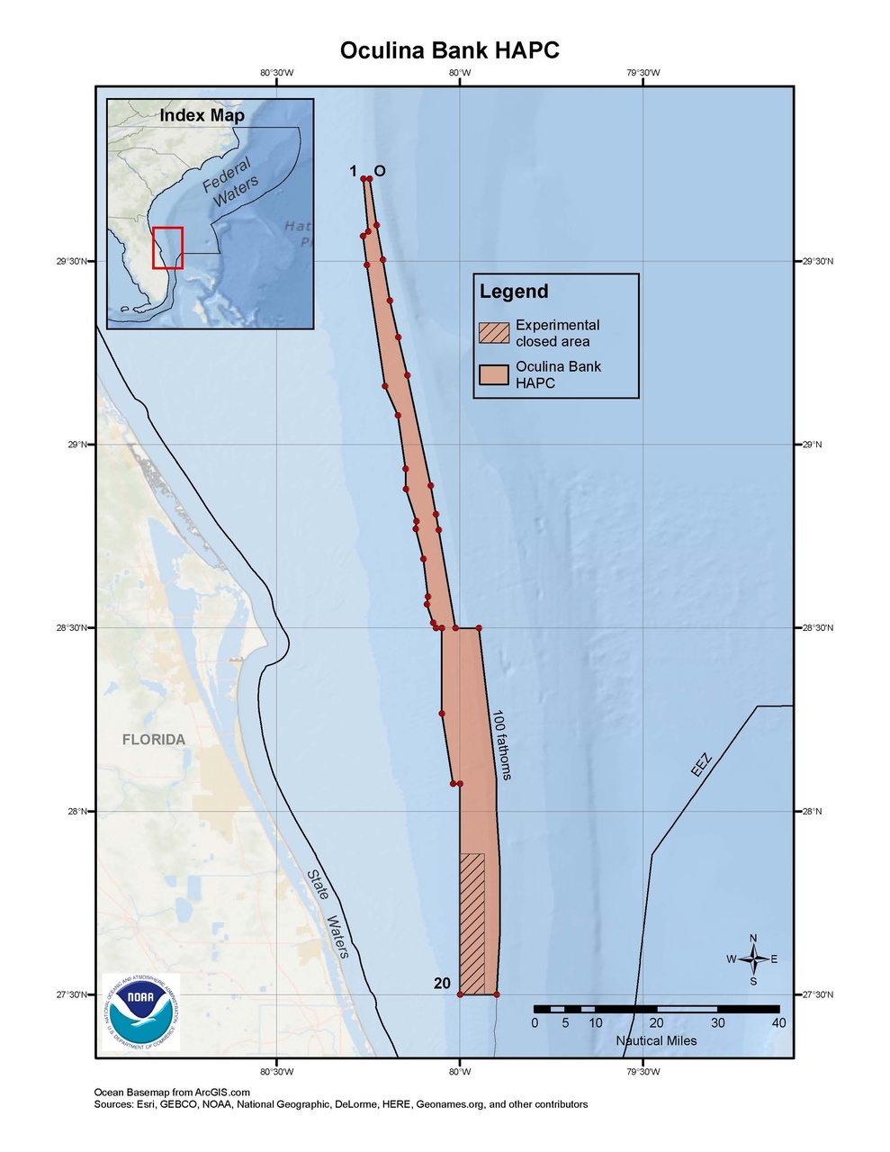 This is a map of the Oculina Bank HAPC and experimental closed area in the South Atlantic Region.