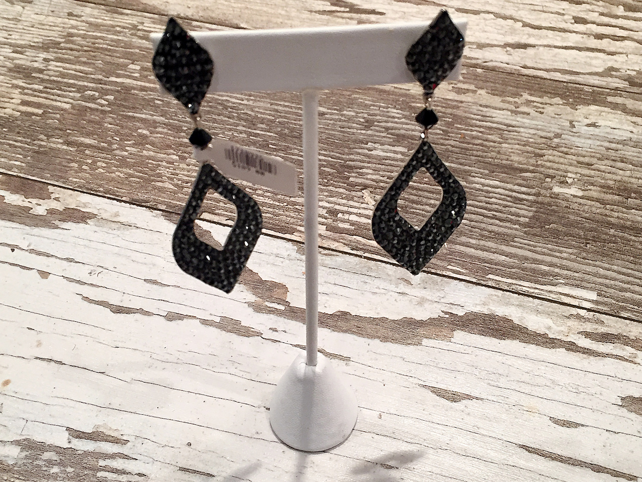 From The Clothes Tree: black diamond cutout earrings with pave crystals, $189 From The Clothes Tree: black diamond cutout earrings with pave crystals, $189