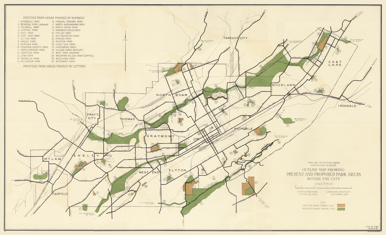 The proposed park areas for downtown Birmingham as designed by the Olmsteds in 1924 The proposed park areas for downtown Birmingham as designed by the Olmsteds in 1924