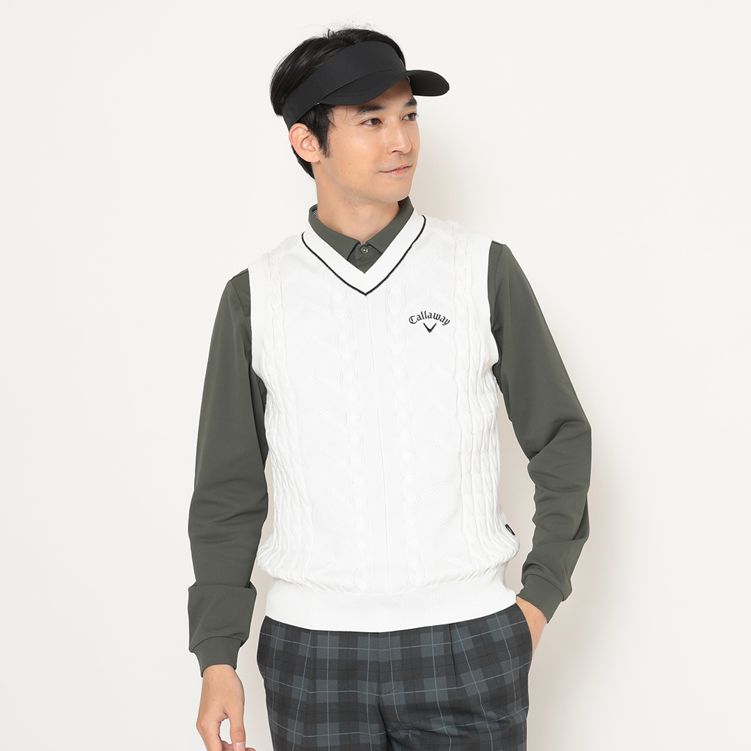 Vネックケーブルニットベスト (MENS)