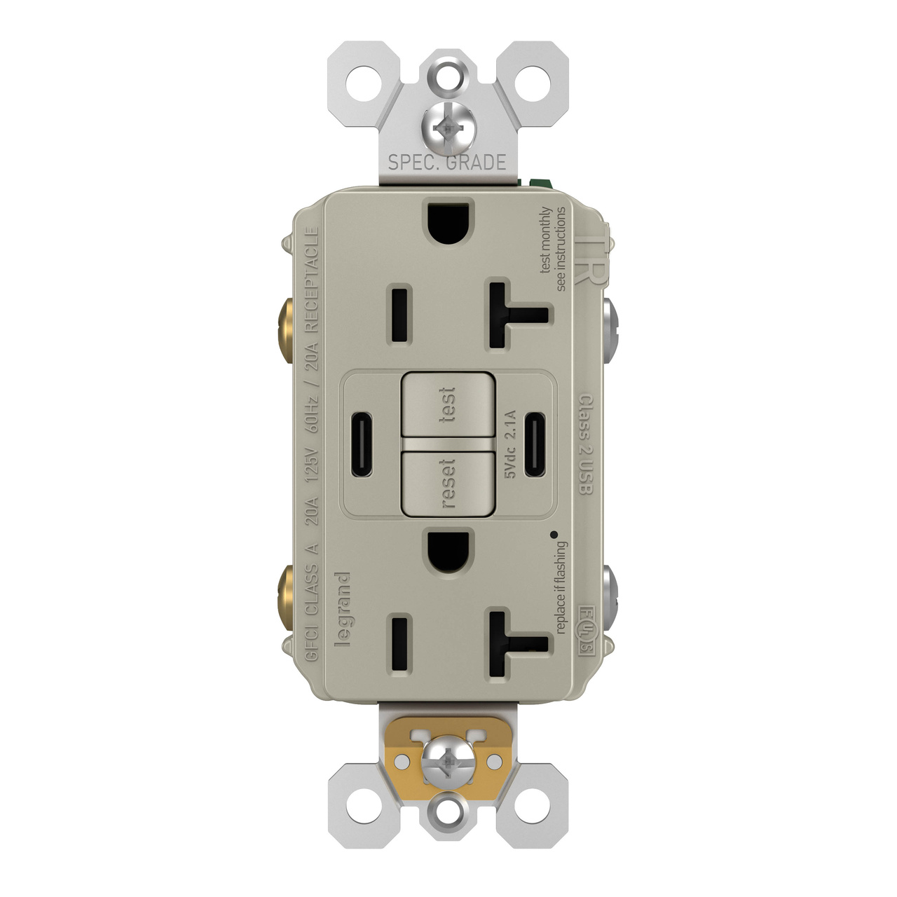 radiant Collection 20 amp GFCI USB Type C/C Outlet in Nickel