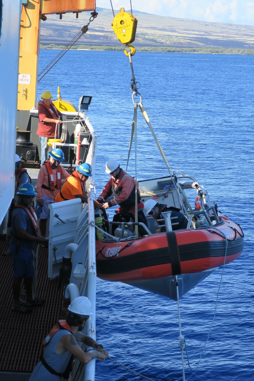 It takes coordination from a lot of people to get our survey work done. Here, the deck crew tends lines as the crew, scientists, and dive chamber operators load one of the small boats. Everyone pitches in to make sure our mission is a success! After loading and lowering the boat to the water, the fish team will be off counting reef fish in waters off the Kona coast of Hawai'i Island. Photo: NOAA Fisheries/Kaylyn McCoy