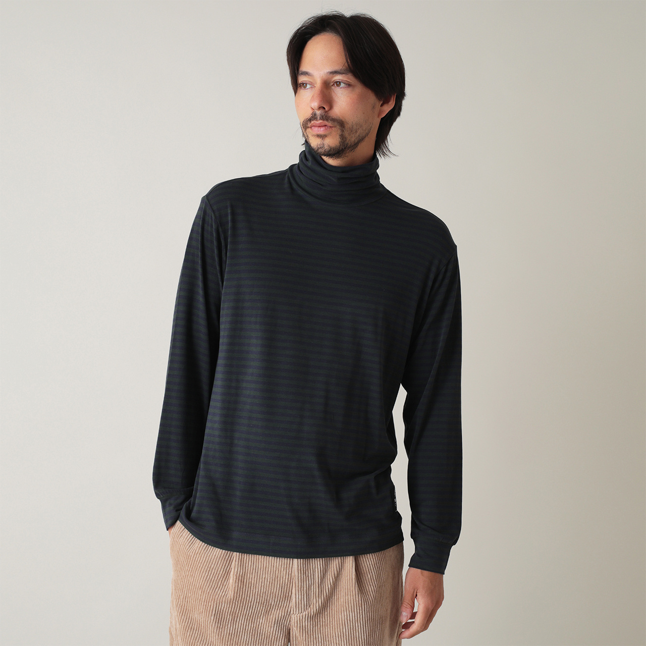 ソフトタッチ ストライプ 長袖 モックネック(MENS)