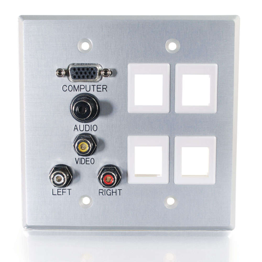 VGA, 3.5mm Audio, Composite Video and RCA Stereo Audio Pass Through Double Gang Wall Plate with Four Keystones - Brushed Aluminum
