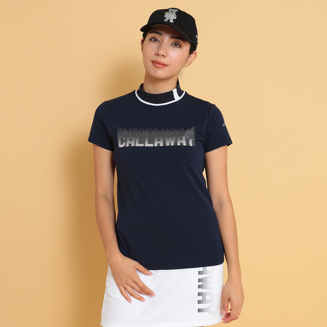 LPFG ウィメンズ オールオーバー 半袖モックネックシャツ新品 メタリックロゴ半袖モックネックシャツ (WOMENS)