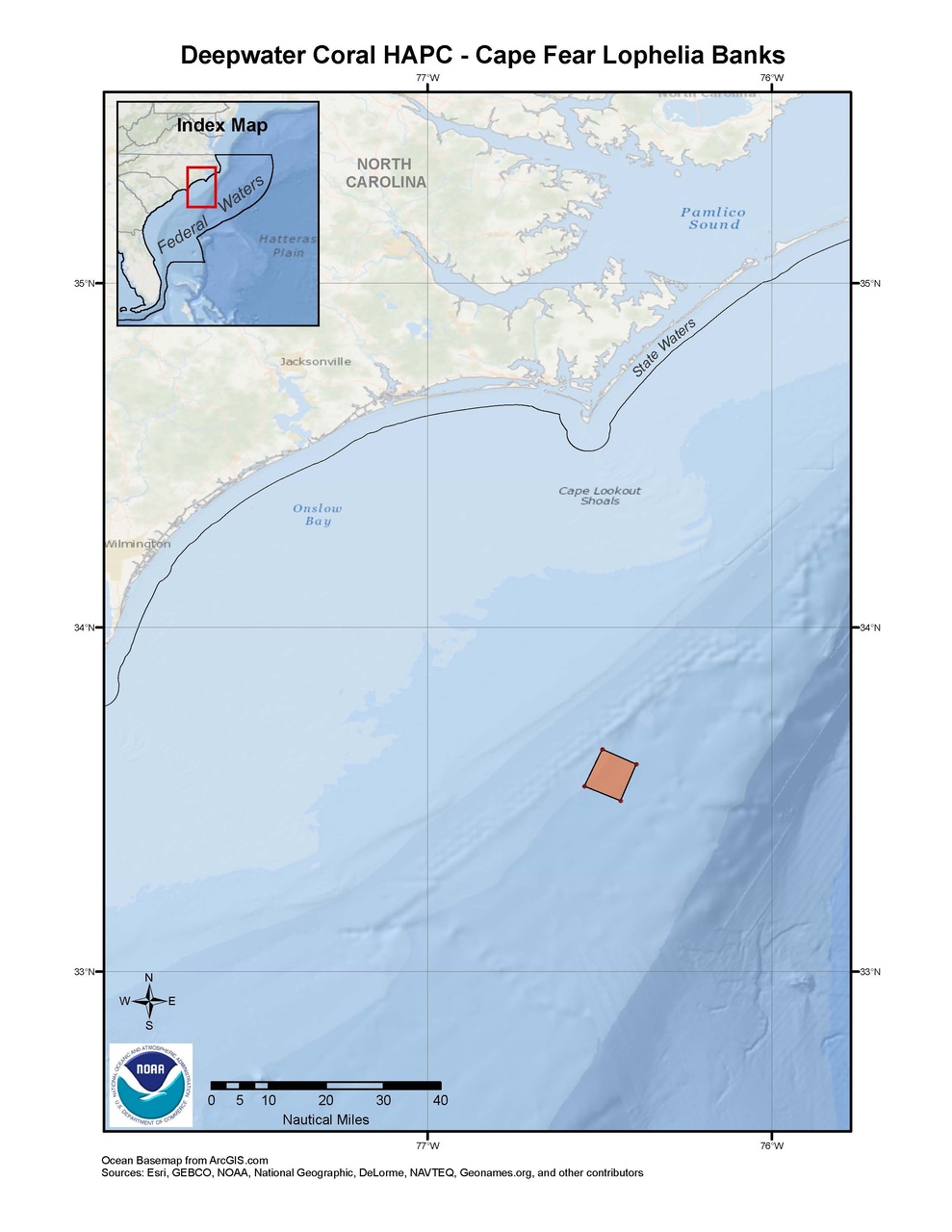 This is a map of the Cape Fear Lophelia Banks Deepwater Coral HAPC in the South Atlantic Region.ks