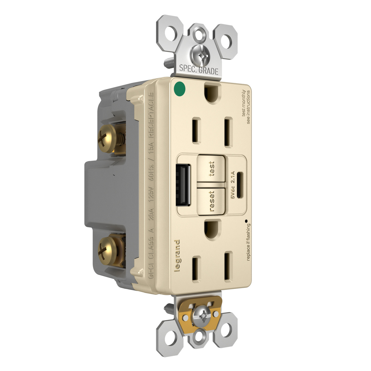 radiant® 15A Hospital-Grade Tamper-Resisant Self-Test GFCI USB Type-A/C Outlet