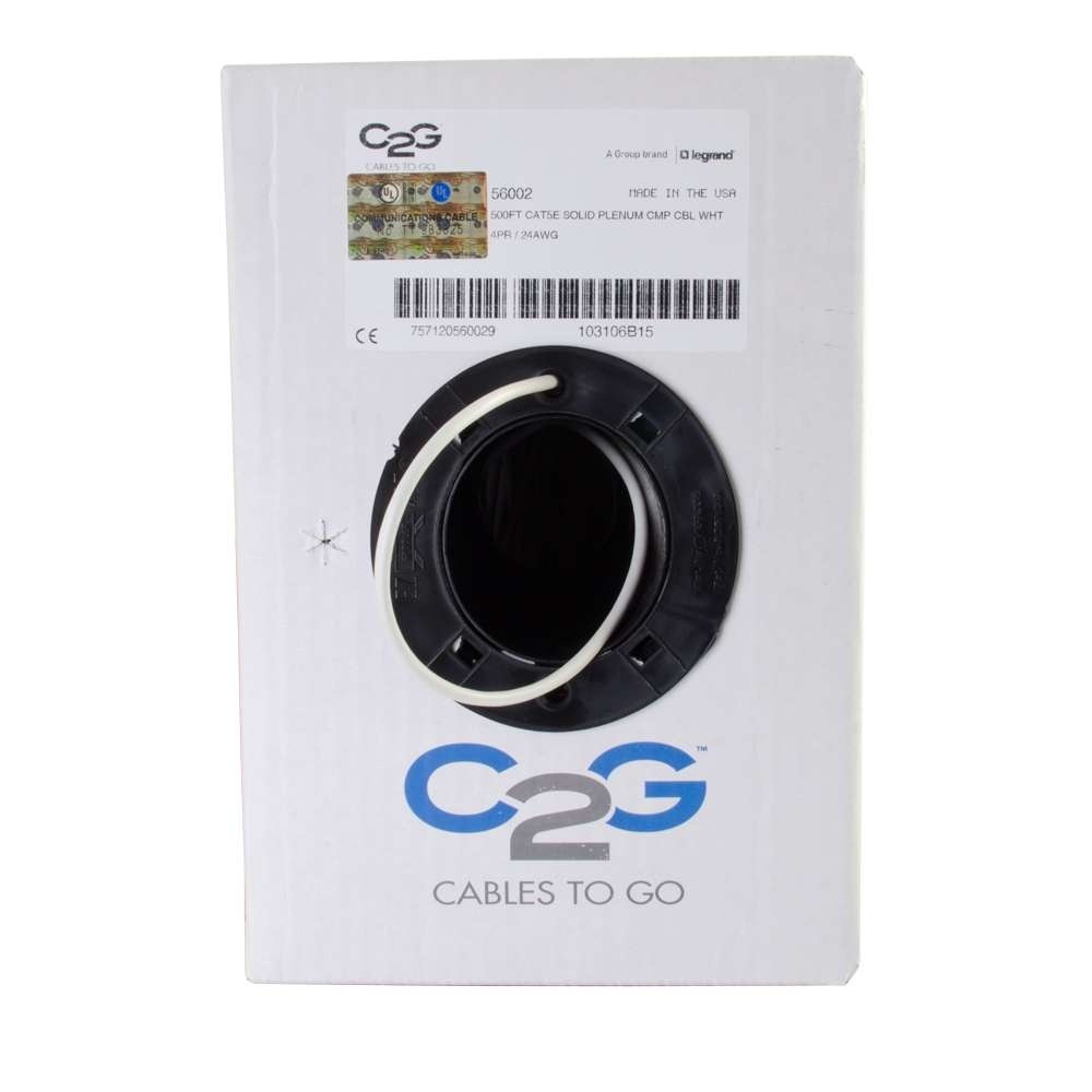 Cat5e Bulk Unshielded (UTP) Ethernet Network Cable with Solid Conductors - Plenum CMP-Rated - White (TAA)