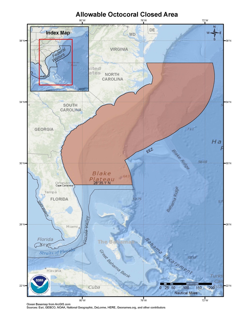 This is a map of the allowable octocoral closed area to protect South Atlantic corals.