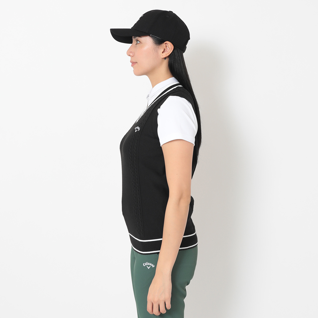 ケーブル編みポリエステルVネックニットベスト (WOMENS)