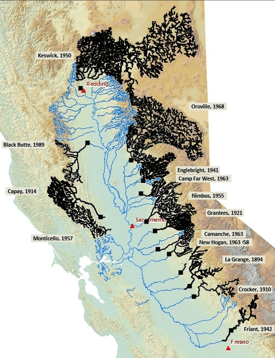 A map of historic salmon habitat in the California Central Valley. Accessible habitat is colored blue, habitat inaccessible to fish due to dams is colored black. A majority of the watersheds are shaded black.