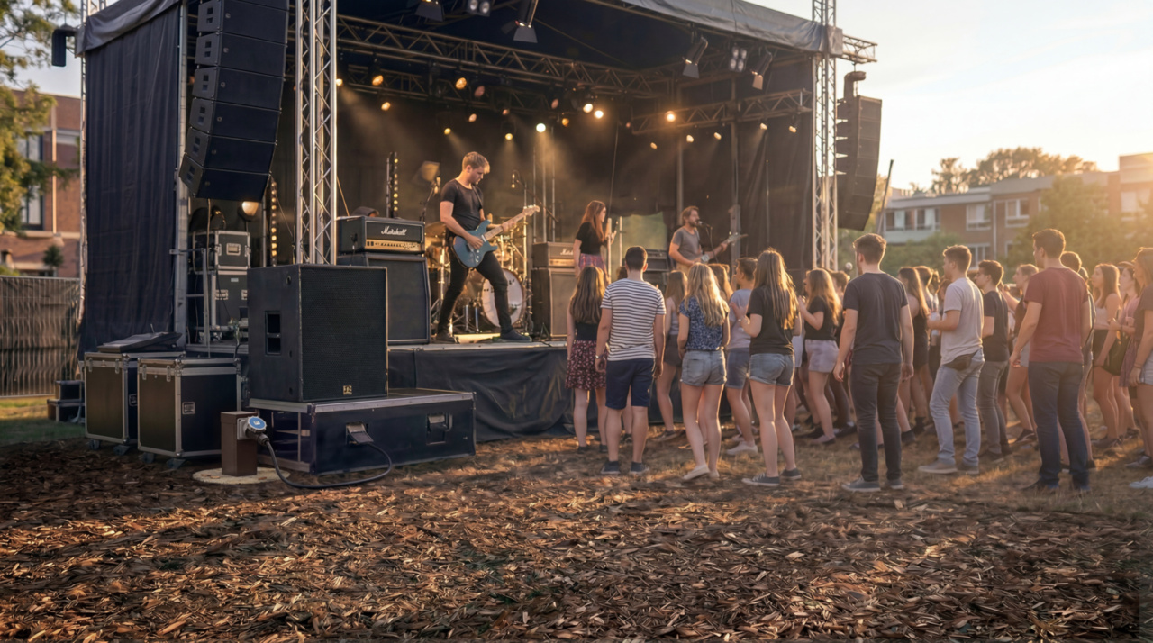 Outdoor concert venue with crowd