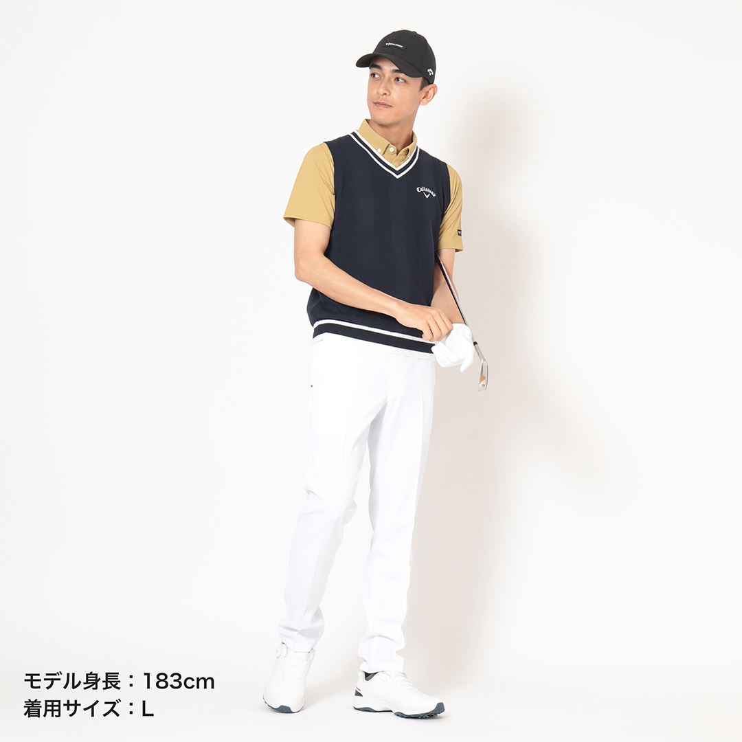 タック編みポリエステルVネックニットベスト (MENS)