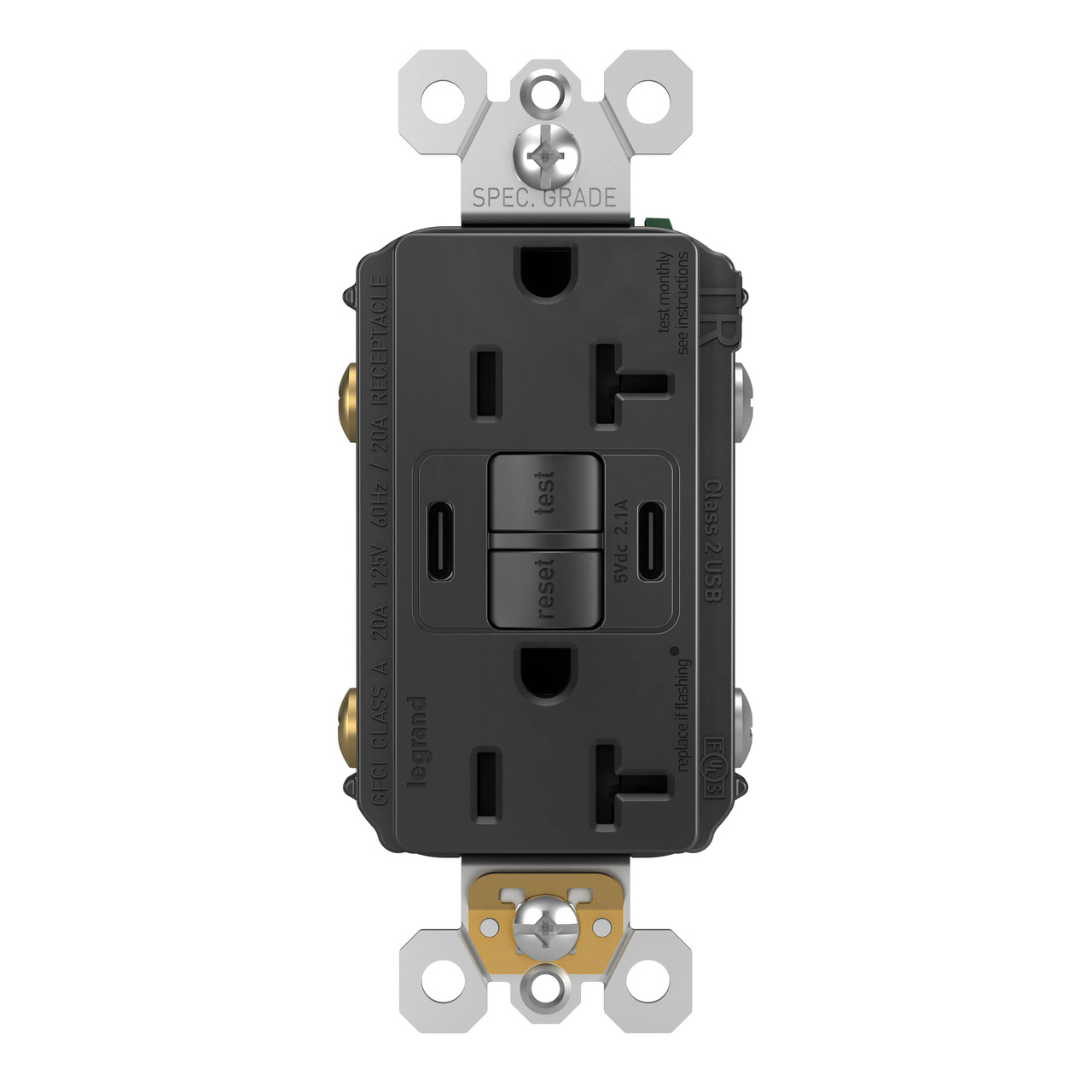 radiant Collection 20 amp GFCI USB Type C/C Outlet in Black