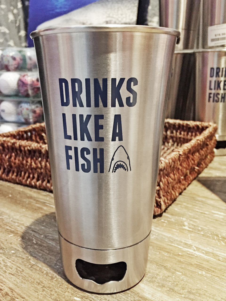 Hopefully those great white teeth won't crack the glass. Shark tumbler -- July FINDS