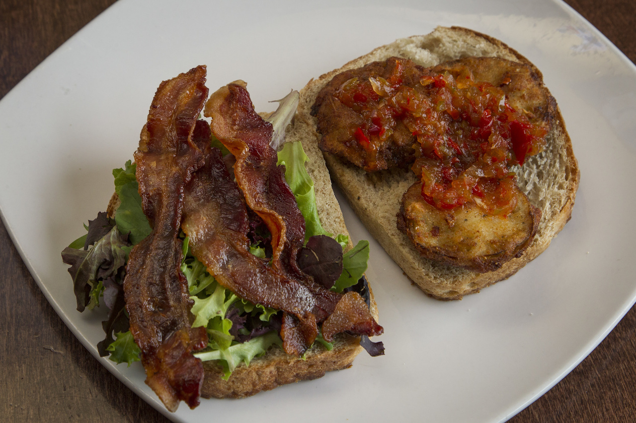 The FGTBLT has no mayo, but is served up with a side of Ranch dressing. The FGTBLT has no mayo, but is served up with a side of Ranch dressing.