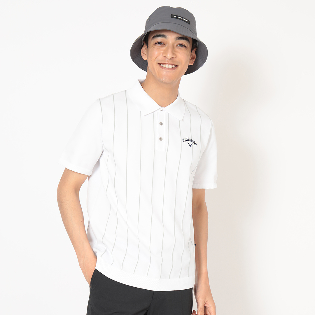 ストライプインターシャ半袖ニットポロ (MENS)
