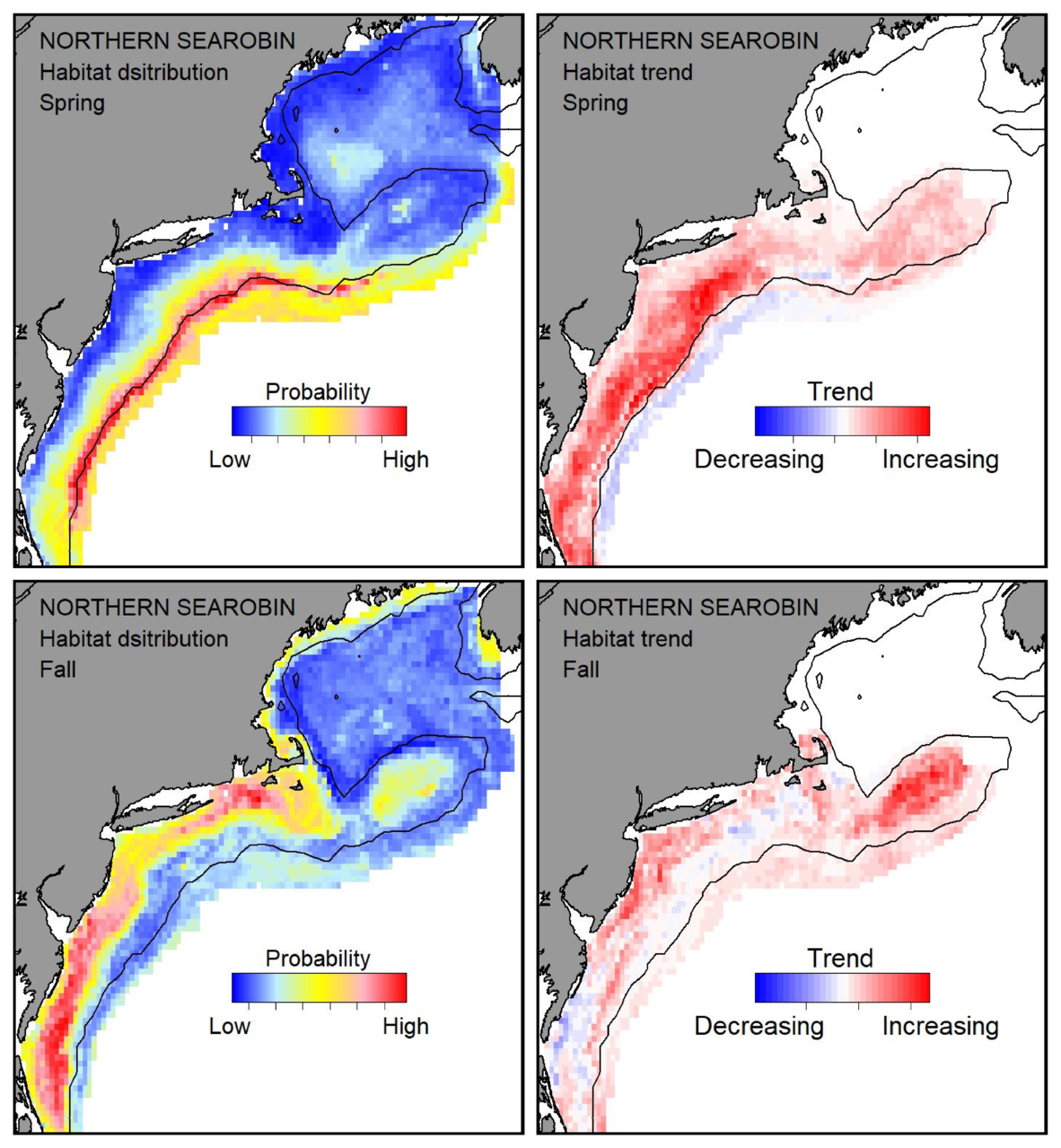 Probable habitat distribution for northern searobin showing the highest concentration and increasing trend in the Gulf of Maine during the spring. Bottom row: Probable habitat distribution for northern searobin showing the highest concentration and increasing trend in the Gulf of Maine during the fall.