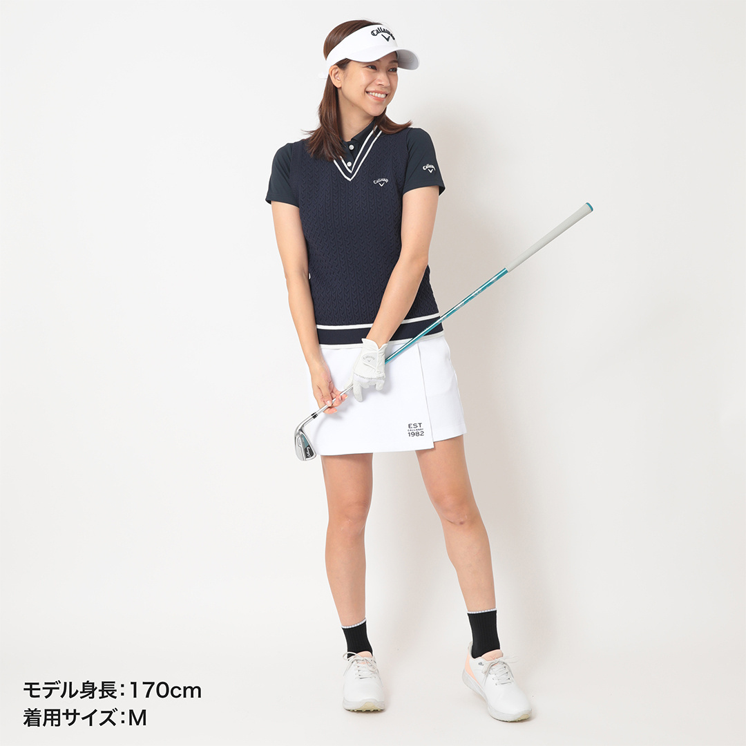 ケーブル編みポリエステルVネックベスト (WOMENS)