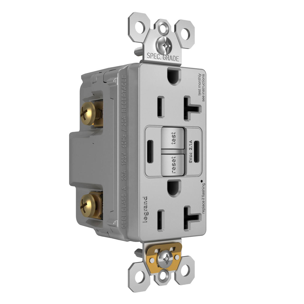 radiant Collection 20 amp GFCI USB Type C/C Outlet in Gray