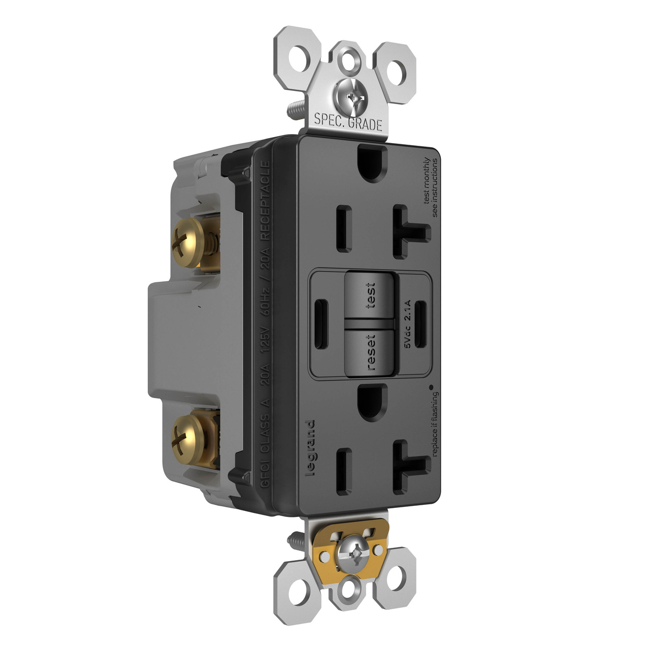radiant Collection 20 amp GFCI USB Type C/C Outlet in Black