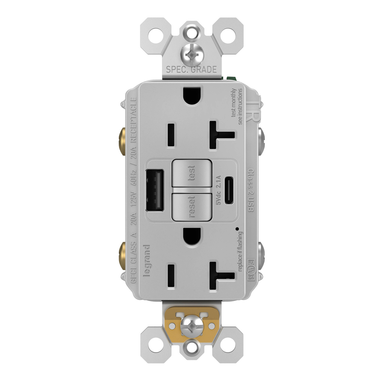 radiant Collection 20 amp GFCI USB Type A/C Outlet in Gray