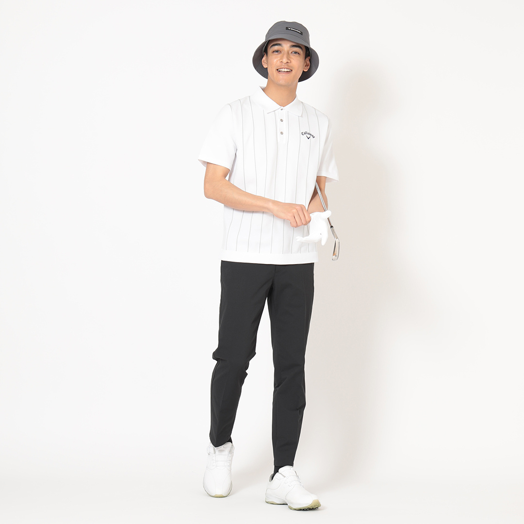 ストライプインターシャ半袖ニットポロ (MENS)