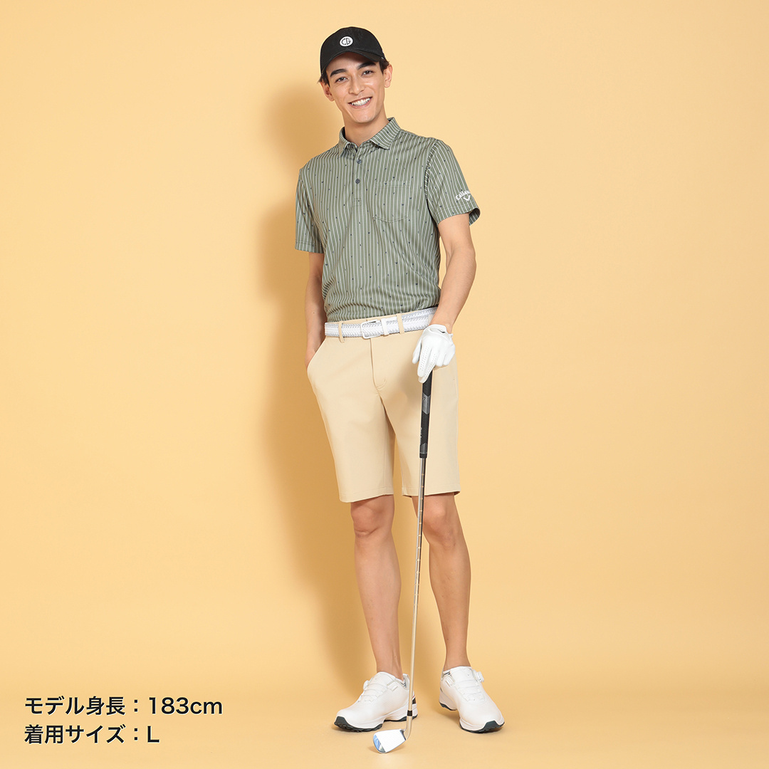 ポリエステルハニカムストライプ柄半袖シャツ (MENS)