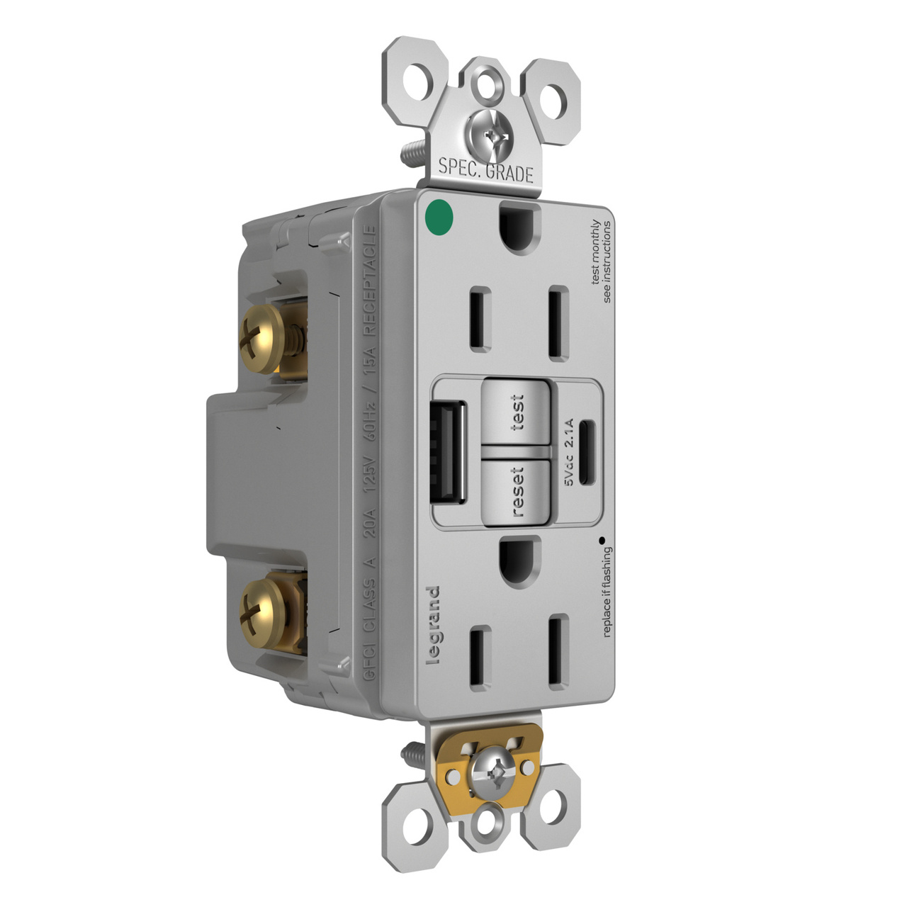 radiant® 15A Hospital-Grade Tamper-Resisant Self-Test GFCI USB Type-A/C Outlet